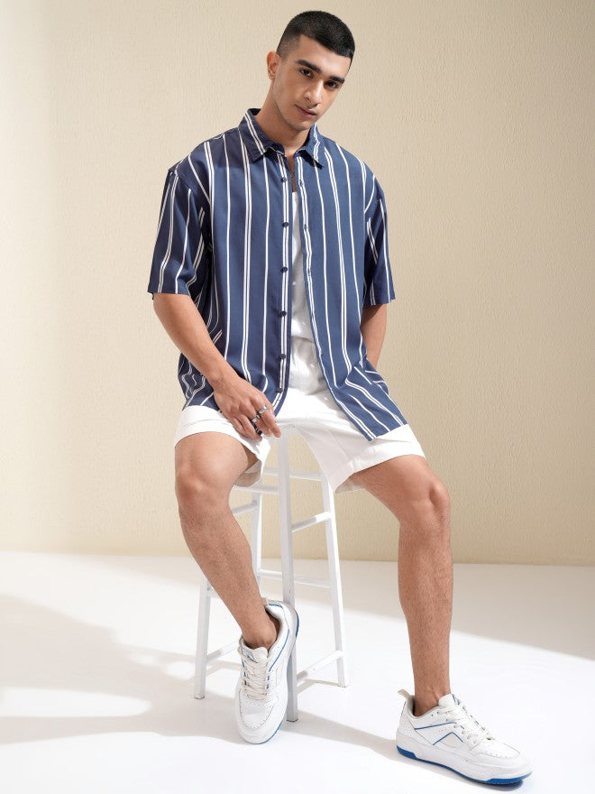 Highlander Men Blue Striped Oversized Fit Casual Shirt - Blue - Image 2