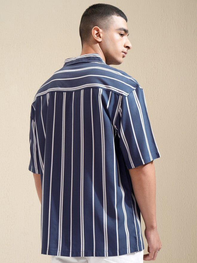 Highlander Men Blue Striped Oversized Fit Casual Shirt - Blue - Image 3