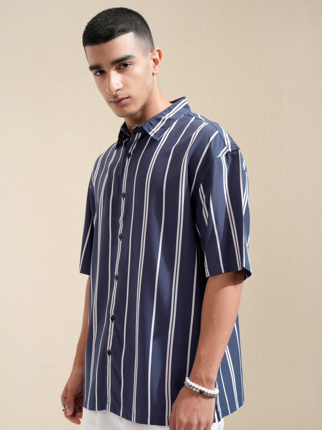 Highlander Men Blue Striped Oversized Fit Casual Shirt - Blue - Image 4