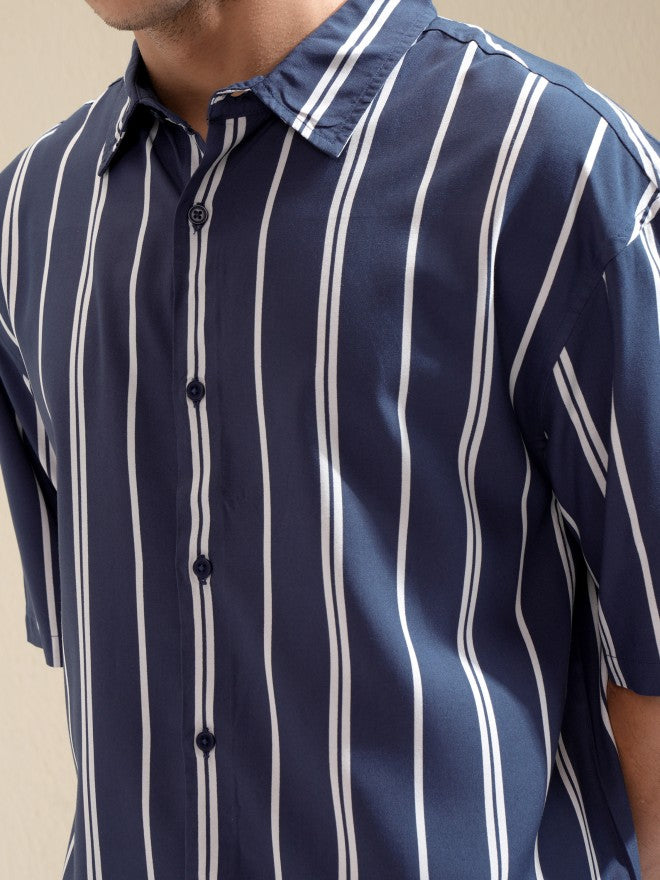 Highlander Men Blue Striped Oversized Fit Casual Shirt - Blue - Image 5