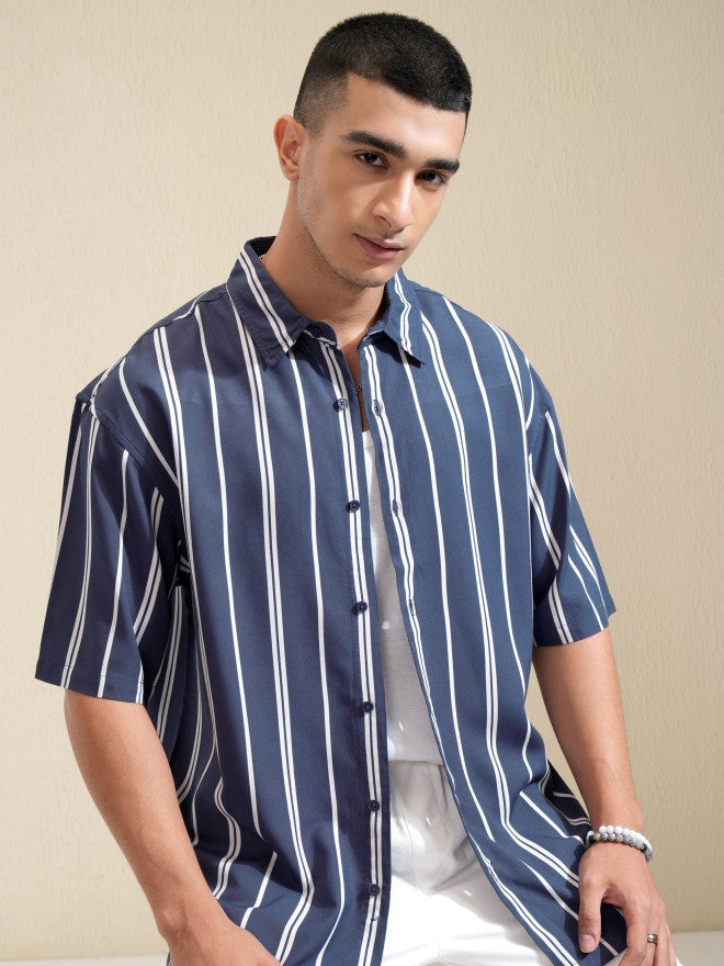 Highlander Men Blue Striped Oversized Fit Casual Shirt - Blue - Image 6