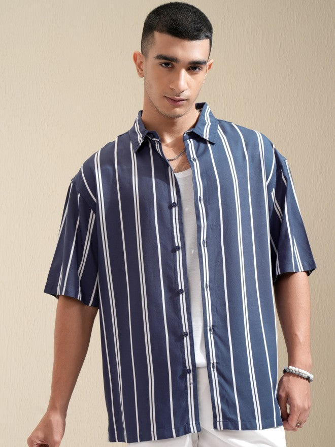 Highlander Men Blue Striped Oversized Fit Casual Shirt - Blue - Image 7