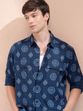 Highlander Men Navy Blue Printed Oversized Fit Casual Shirt - Navy Blue - Image 1