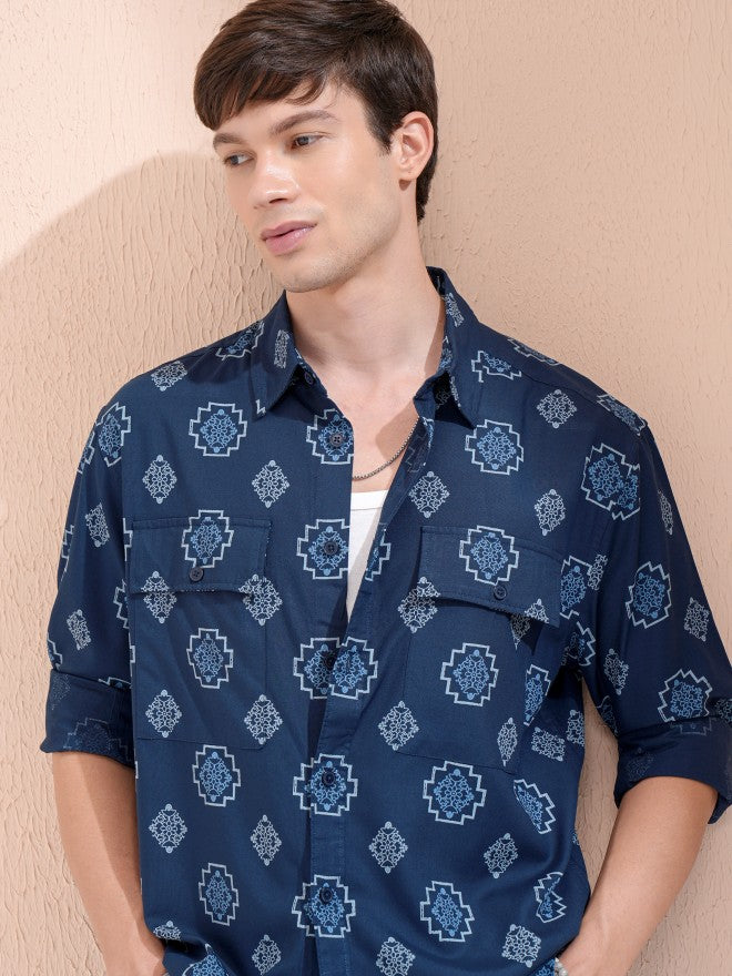 Highlander Men Navy Blue Printed Oversized Fit Casual Shirt - Navy Blue - Image 1