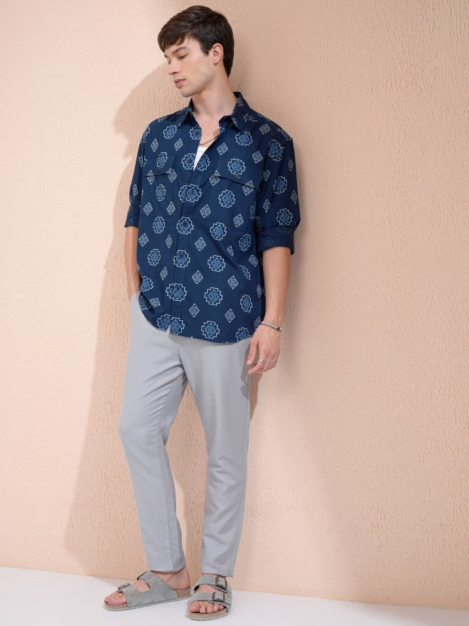Highlander Men Navy Blue Printed Oversized Fit Casual Shirt - Navy Blue - Image 2