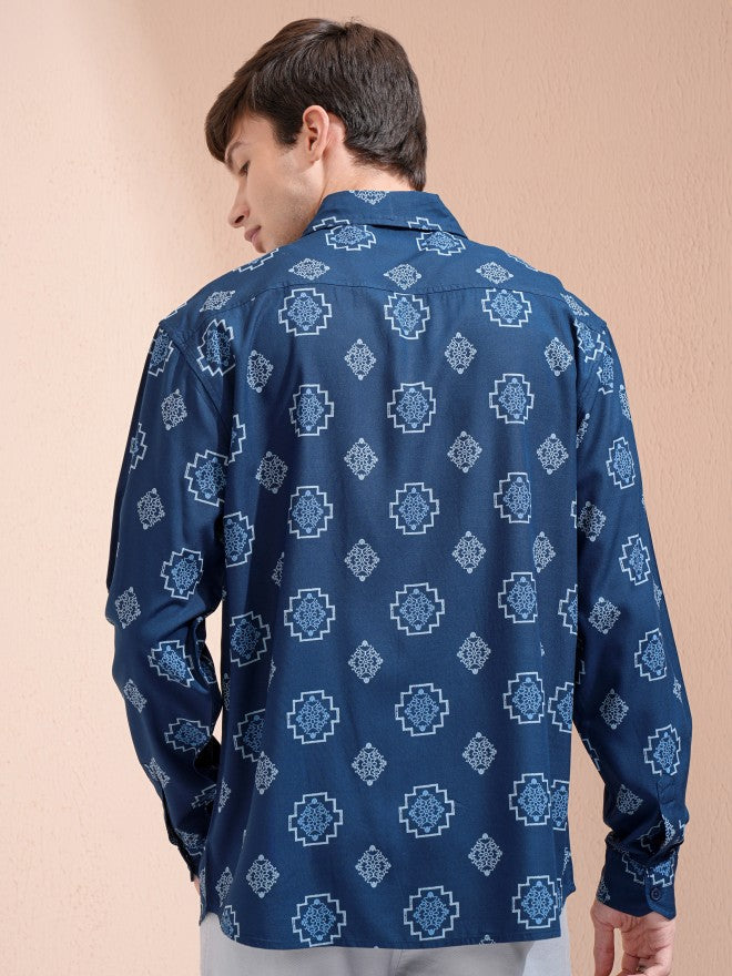 Highlander Men Navy Blue Printed Oversized Fit Casual Shirt - Navy Blue - Image 3