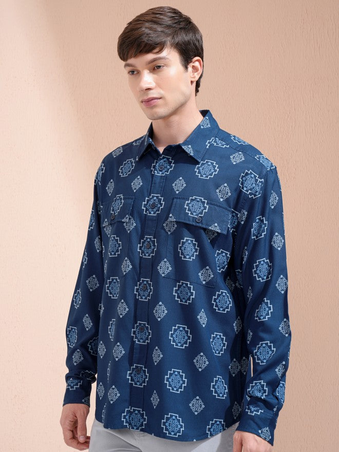 Highlander Men Navy Blue Printed Oversized Fit Casual Shirt - Navy Blue - Image 4