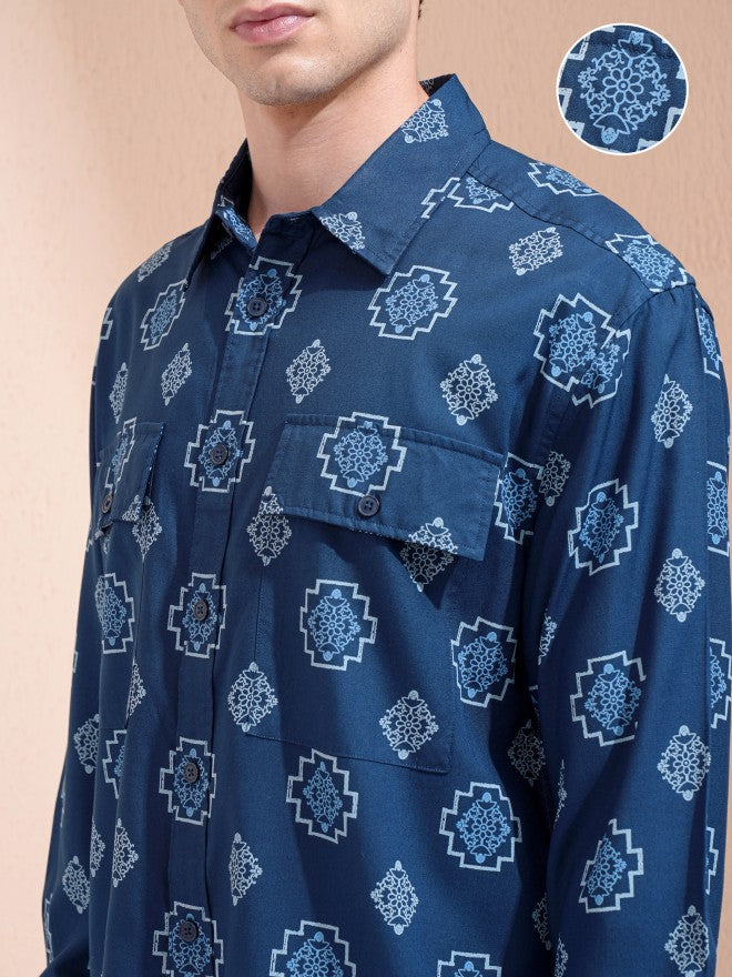 Highlander Men Navy Blue Printed Oversized Fit Casual Shirt - Navy Blue - Image 5