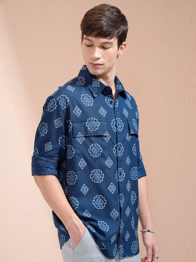 Highlander Men Navy Blue Printed Oversized Fit Casual Shirt - Navy Blue - Image 6
