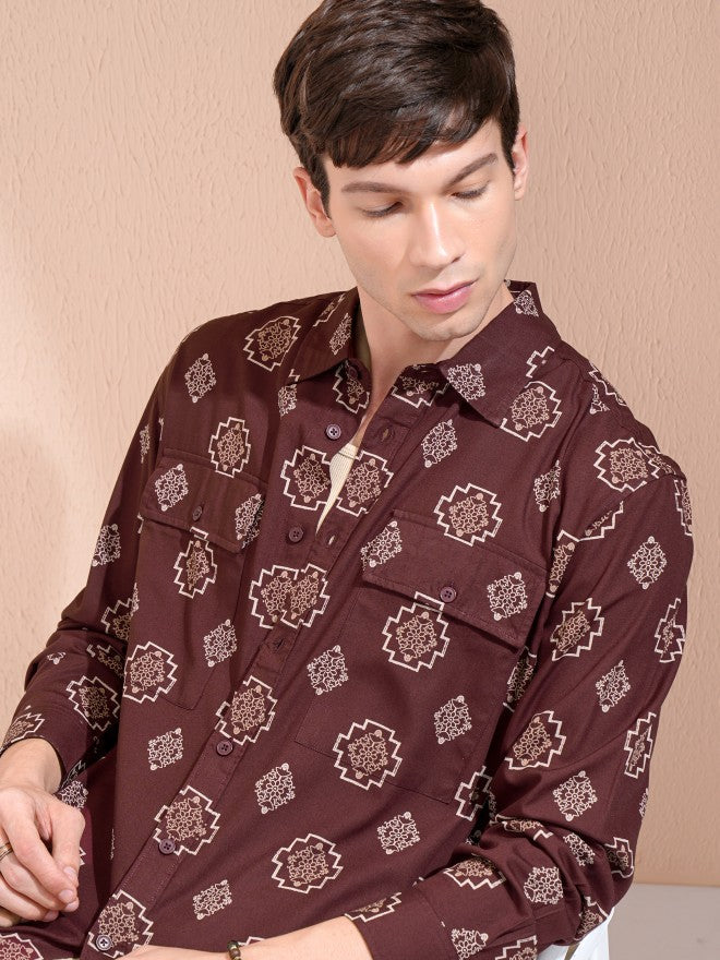 Highlander Men Maroon Printed Oversized Fit Casual Shirt - Maroon - Image 1