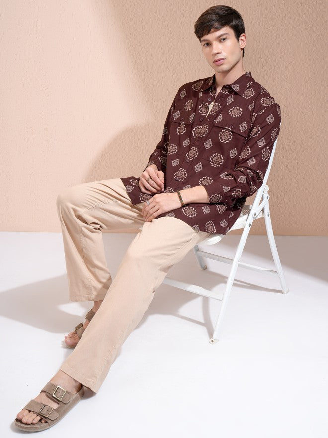 Highlander Men Maroon Printed Oversized Fit Casual Shirt - Maroon - Image 2
