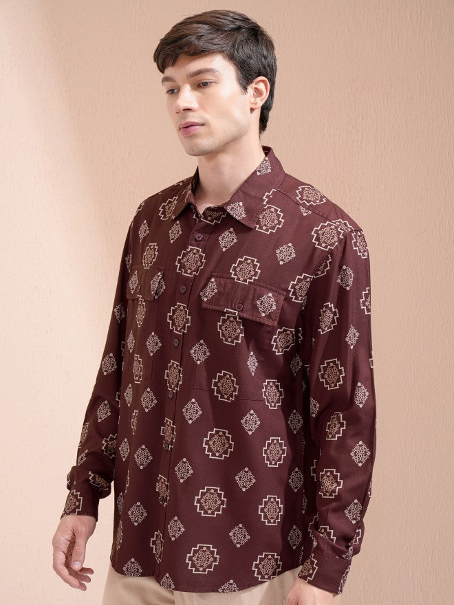 Highlander Men Maroon Printed Oversized Fit Casual Shirt - Maroon - Image 4