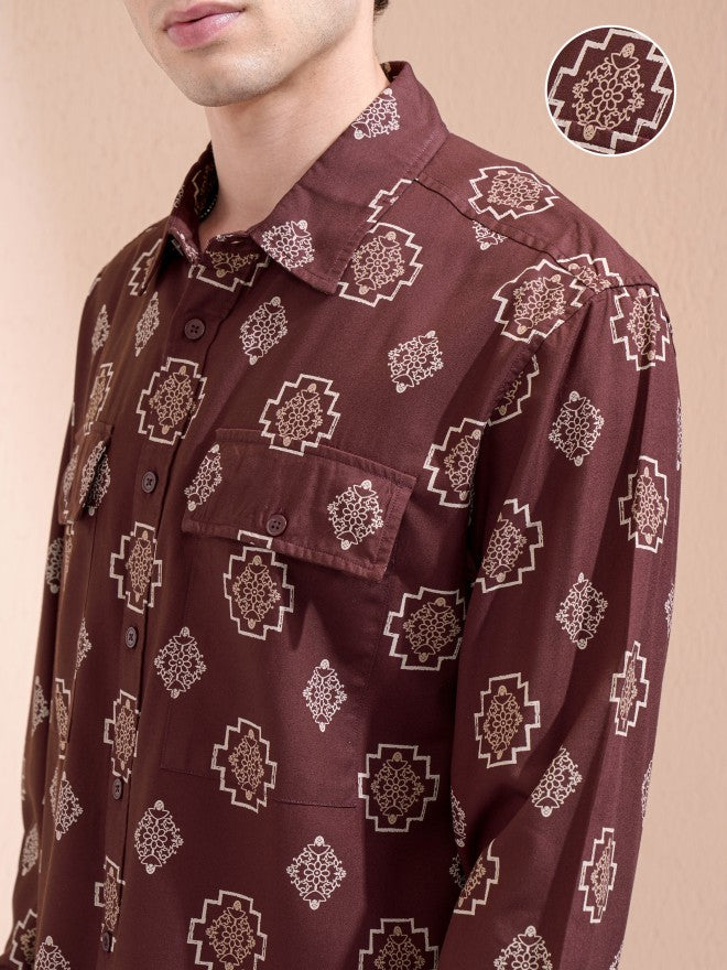 Highlander Men Maroon Printed Oversized Fit Casual Shirt - Maroon - Image 5