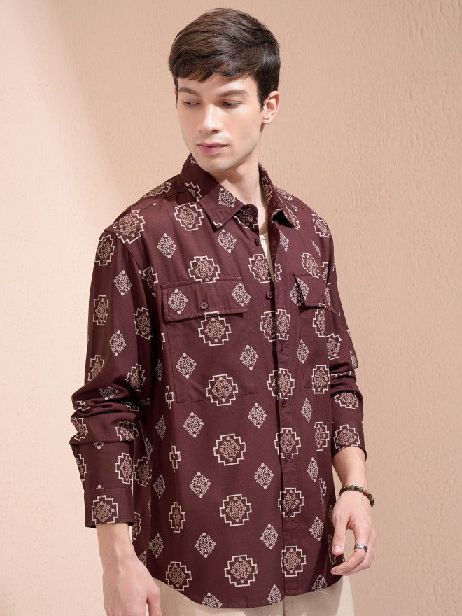 Highlander Men Maroon Printed Oversized Fit Casual Shirt - Maroon - Image 6