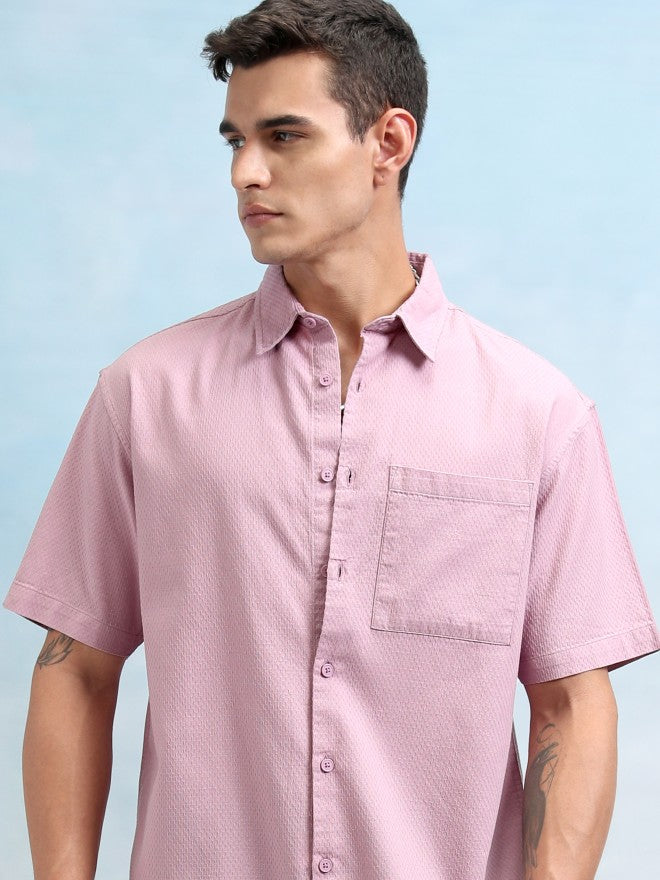 Highlander Men Pink Textured Oversized Fit Casual Shirt - Pink - Image 1