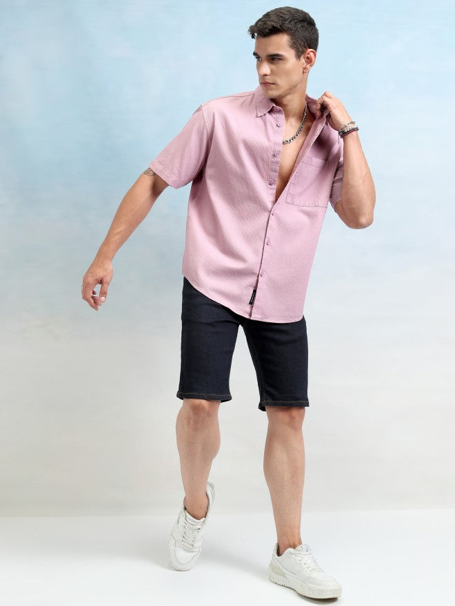 Highlander Men Pink Textured Oversized Fit Casual Shirt - Pink - Image 2