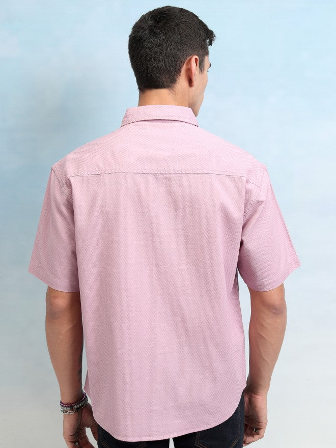 Highlander Men Pink Textured Oversized Fit Casual Shirt - Pink - Image 3