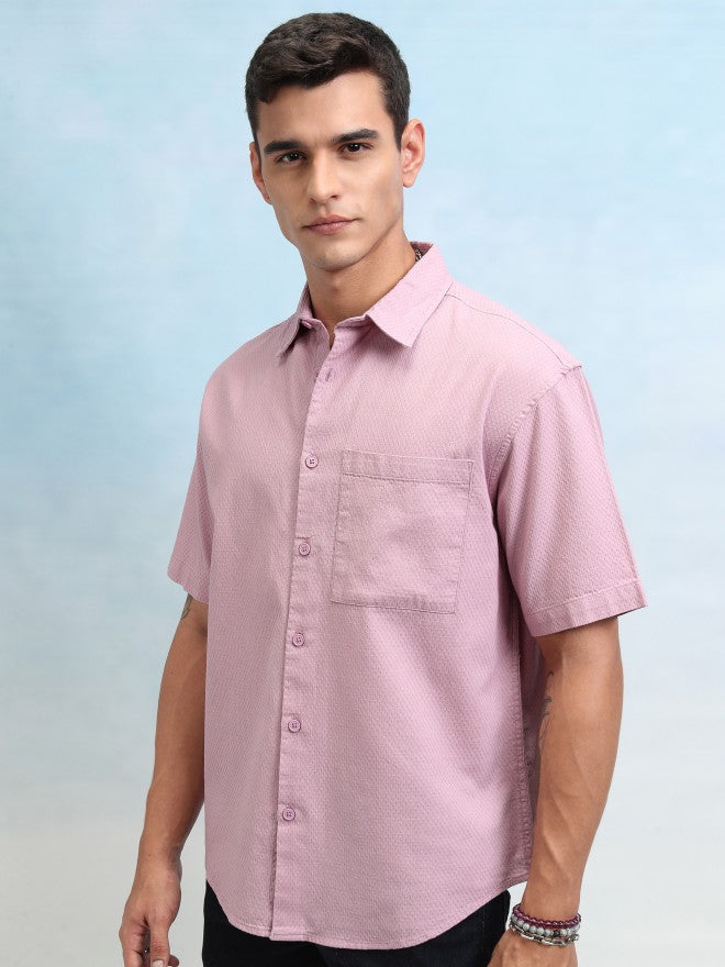 Highlander Men Pink Textured Oversized Fit Casual Shirt - Pink - Image 4