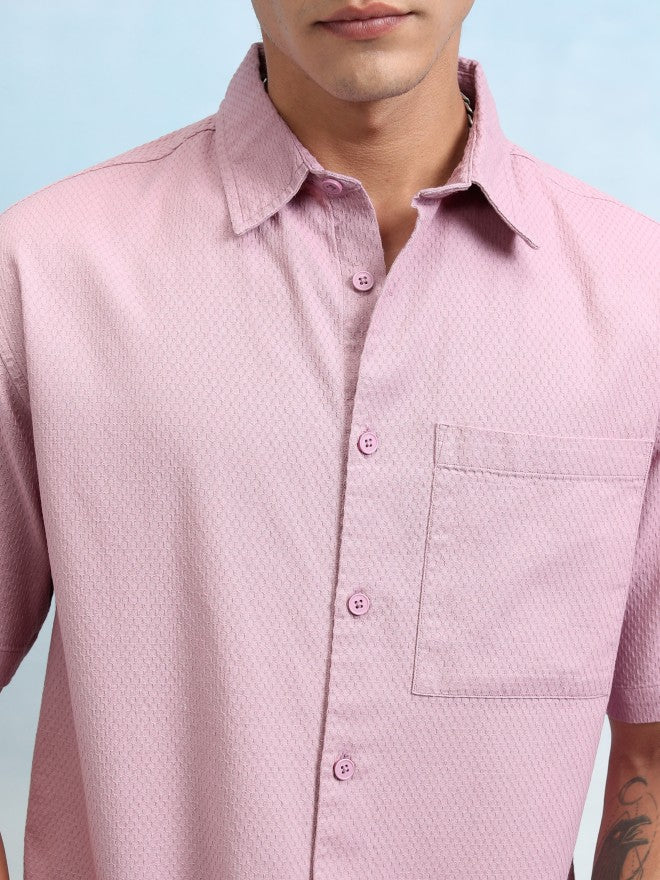 Highlander Men Pink Textured Oversized Fit Casual Shirt - Pink - Image 5