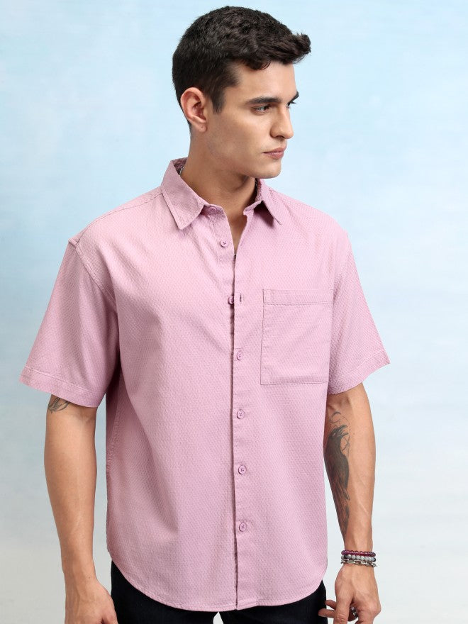 Highlander Men Pink Textured Oversized Fit Casual Shirt - Pink - Image 6