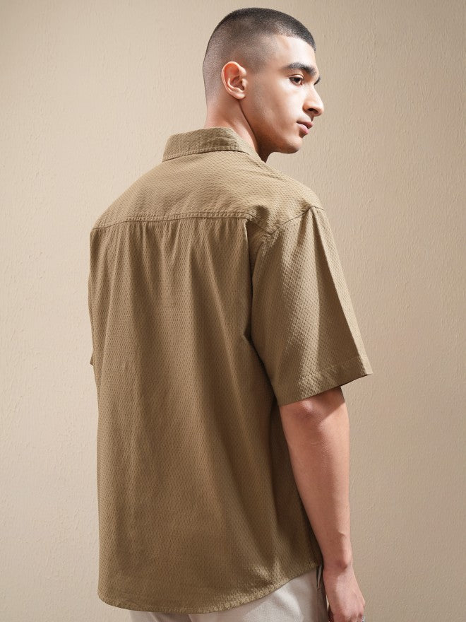 Highlander Men Khaki Textured Oversized Fit Casual Shirt - Khaki - Image 3