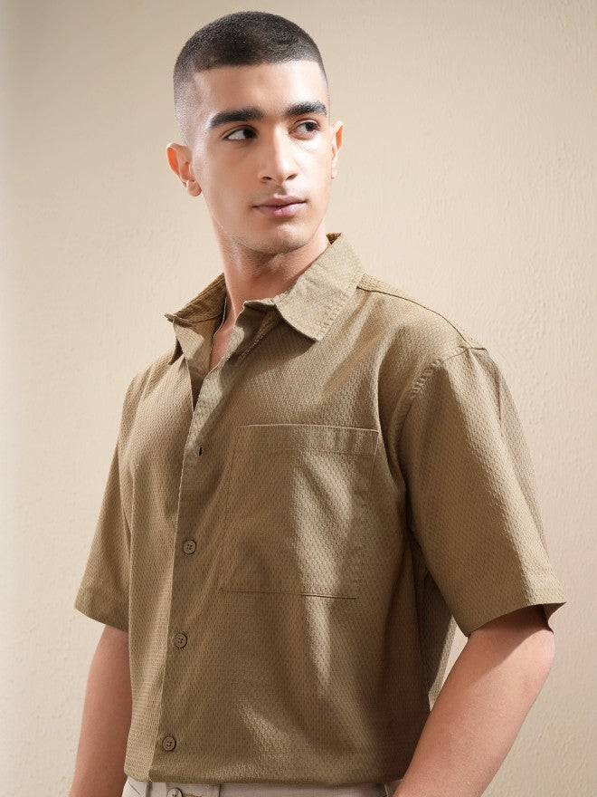 Highlander Men Khaki Textured Oversized Fit Casual Shirt - Khaki - Image 4