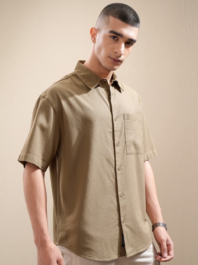 Highlander Men Khaki Textured Oversized Fit Casual Shirt - Khaki - Image 6