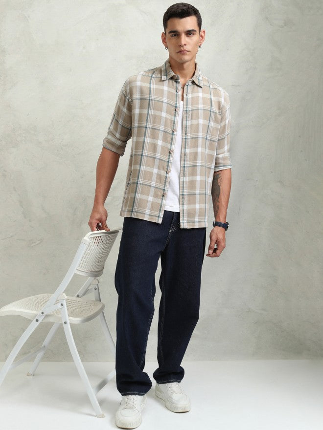 Highlander Men Brown Checked Oversized Fit Casual Shirt - Brown - Image 2