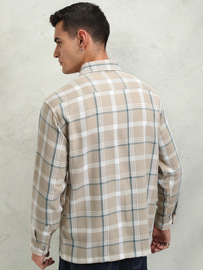 Highlander Men Brown Checked Oversized Fit Casual Shirt - Brown - Image 3