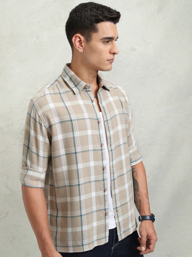 Highlander Men Brown Checked Oversized Fit Casual Shirt - Brown - Image 6