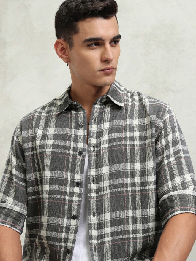 Highlander Men Grey Checked Oversized Fit Casual Shirt - Grey - Image 1