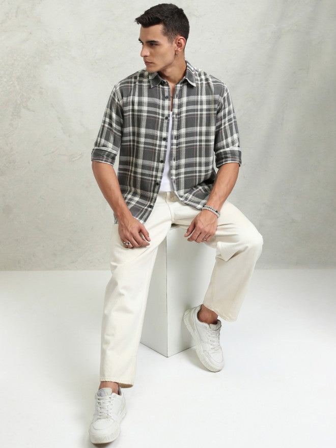 Highlander Men Grey Checked Oversized Fit Casual Shirt - Grey - Image 2
