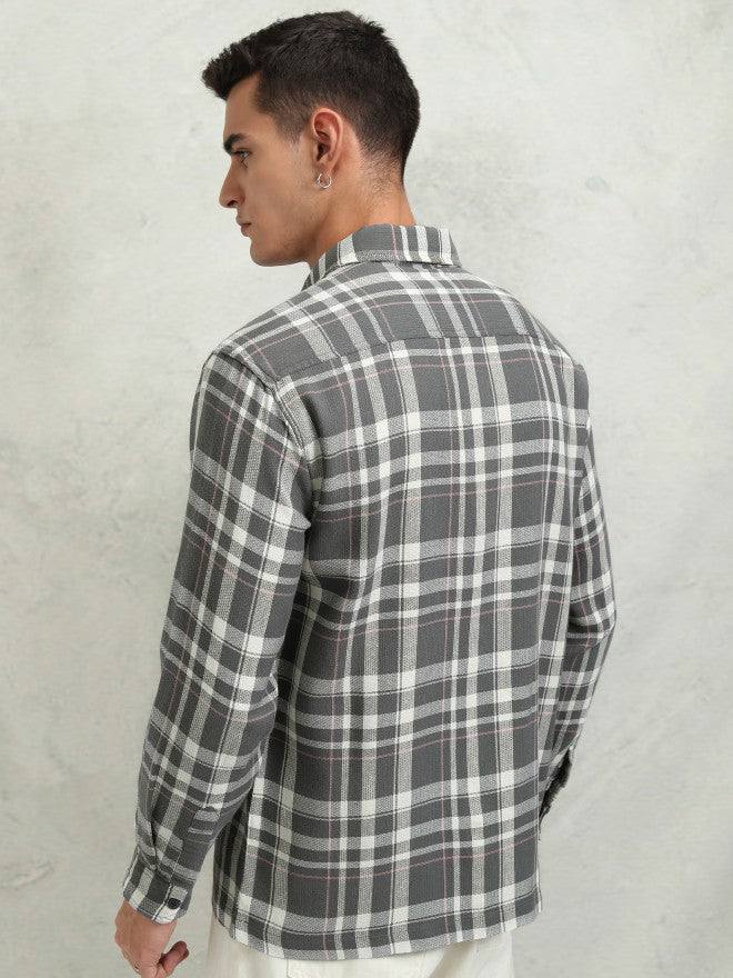 Highlander Men Grey Checked Oversized Fit Casual Shirt - Grey - Image 3
