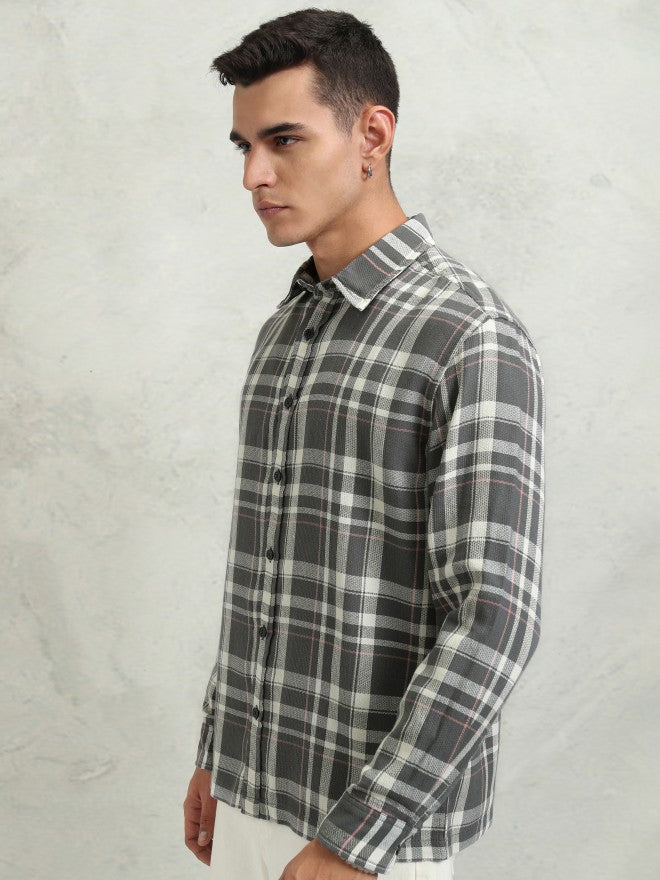 Highlander Men Grey Checked Oversized Fit Casual Shirt - Grey - Image 4