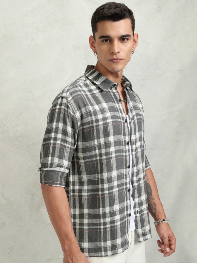 Highlander Men Grey Checked Oversized Fit Casual Shirt - Grey - Image 6