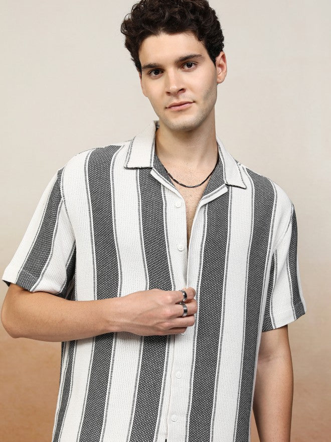Highlander Men White Striped Oversized Fit Casual Shirt - White - Image 1