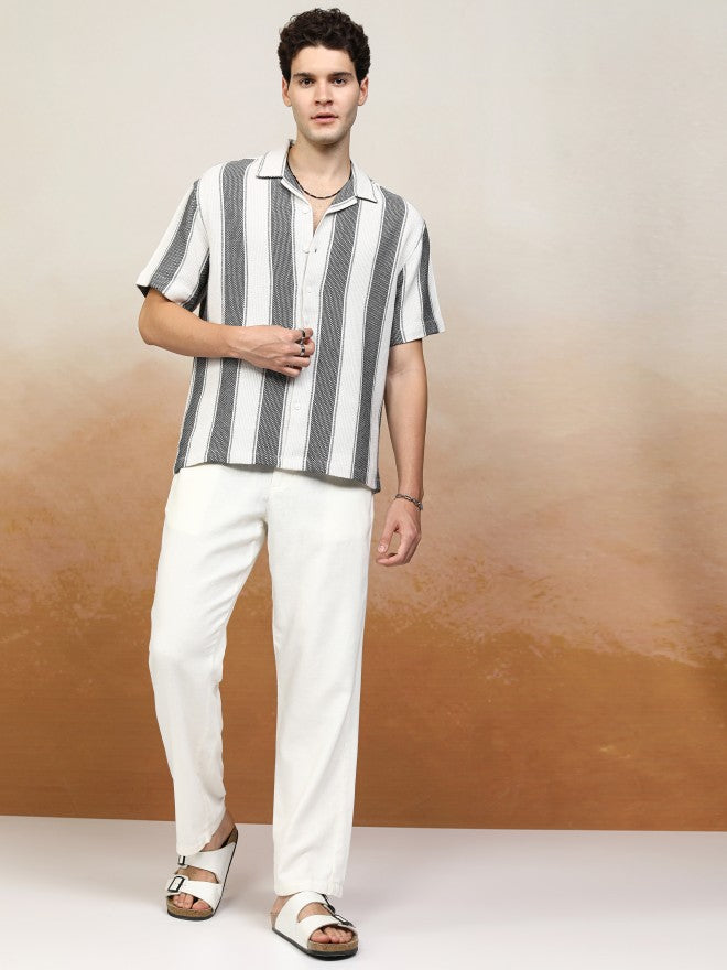 Highlander Men White Striped Oversized Fit Casual Shirt - White - Image 2