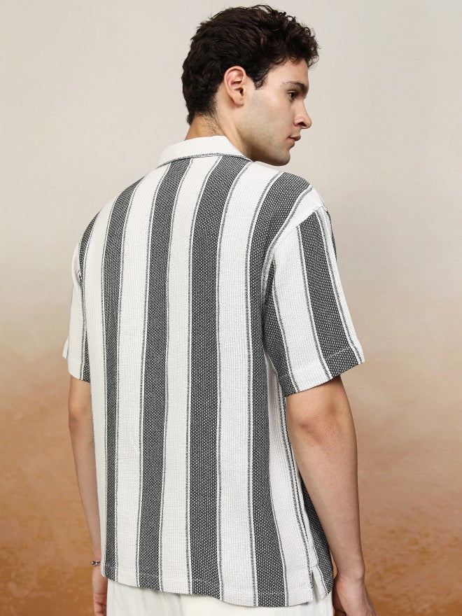 Highlander Men White Striped Oversized Fit Casual Shirt - White - Image 3