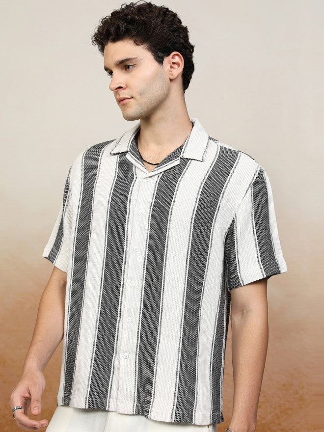 Highlander Men White Striped Oversized Fit Casual Shirt - White - Image 4