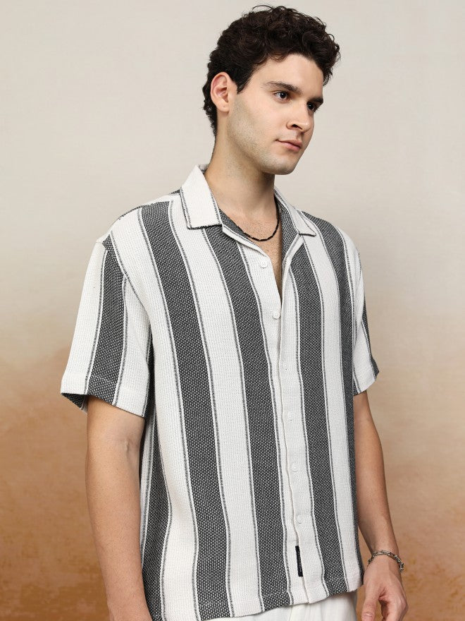 Highlander Men White Striped Oversized Fit Casual Shirt - White - Image 6