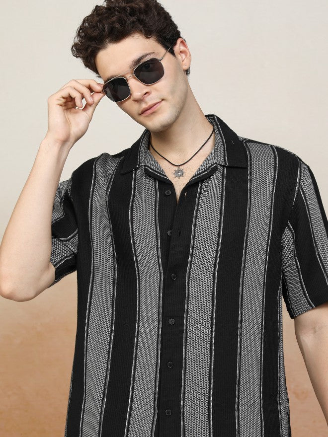 Highlander Men Black Striped Oversized Fit Casual Shirt - Black - Image 1