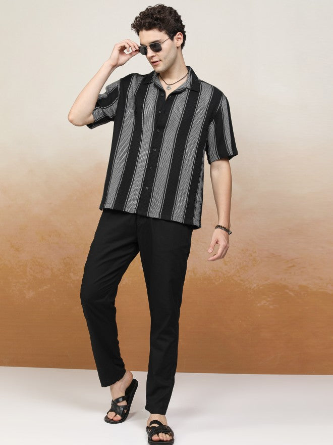 Highlander Men Black Striped Oversized Fit Casual Shirt - Black - Image 2