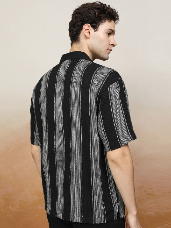 Highlander Men Black Striped Oversized Fit Casual Shirt - Black - Image 3