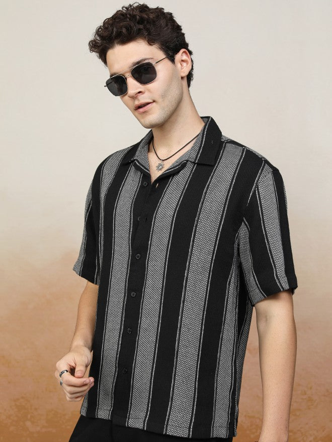 Highlander Men Black Striped Oversized Fit Casual Shirt - Black - Image 4
