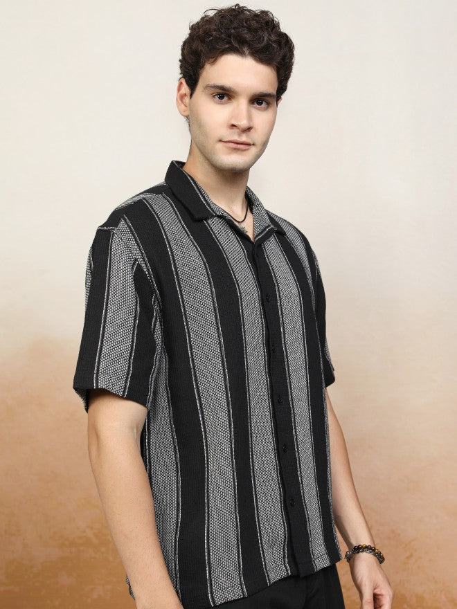 Highlander Men Black Striped Oversized Fit Casual Shirt - Black - Image 6