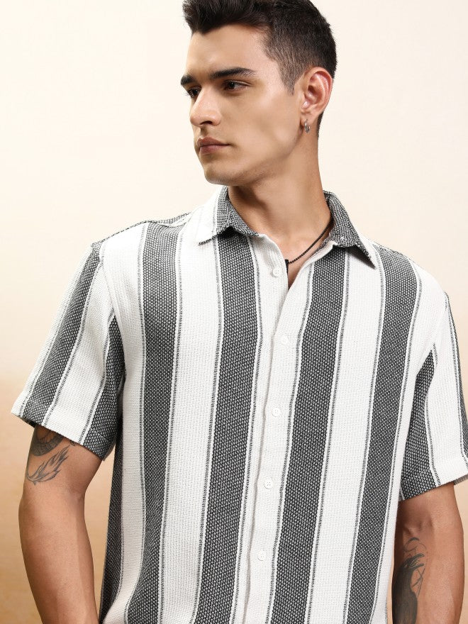 Highlander Men White Striped Oversized Fit Casual Shirt - White - Image 1