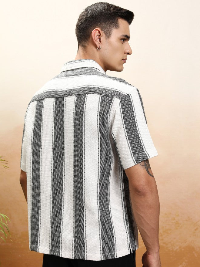 Highlander Men White Striped Oversized Fit Casual Shirt - White - Image 3