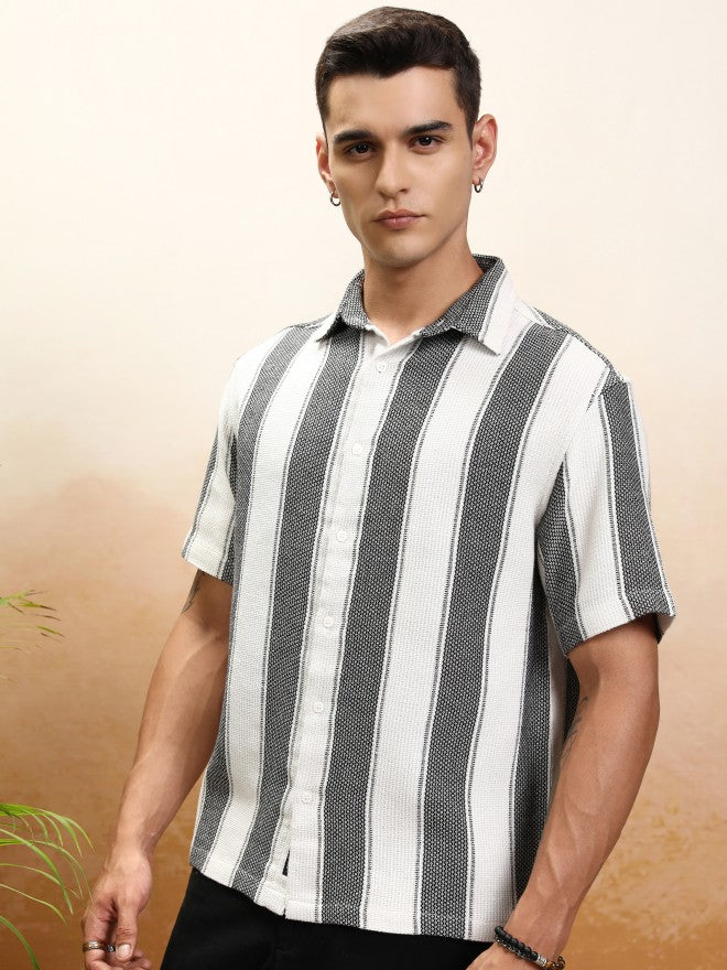 Highlander Men White Striped Oversized Fit Casual Shirt - White - Image 4