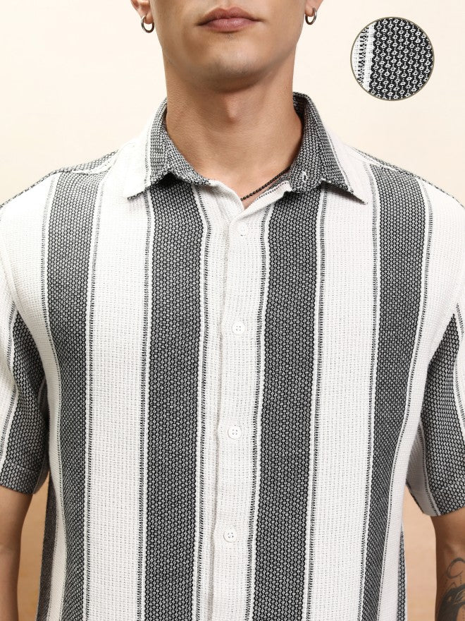 Highlander Men White Striped Oversized Fit Casual Shirt - White - Image 5