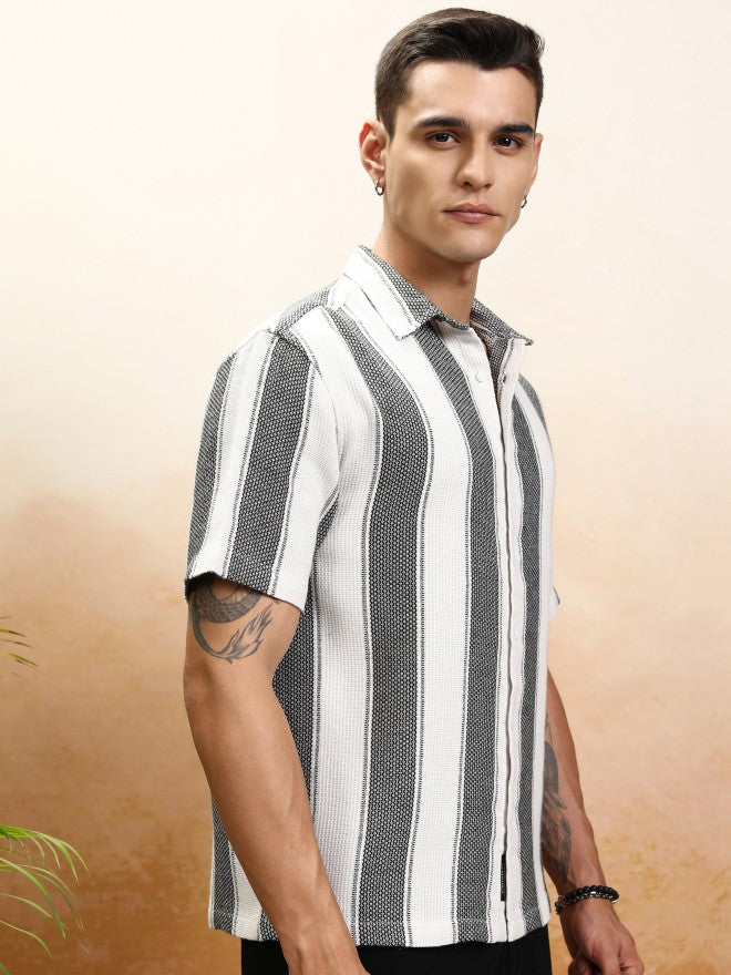 Highlander Men White Striped Oversized Fit Casual Shirt - White - Image 6